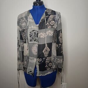 TESS 100% Silk Gray Black Patchwork Paisley Button Front Blouse M Boho